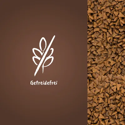 Getreidefrei (texte en allemand) avec un épi barré, à côté de croquettes marron. Texte signifiant sans céréales.