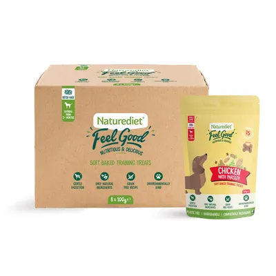 Naturediet Feel Good soft baked training treats, chicken with parsley flavour. Features: gentle digestion, only natural ingredients, grain free recipe, environmentally kind. 8 x 100g.