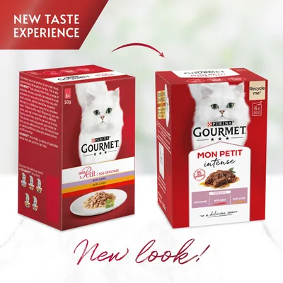 Image shows packaging change for Purina Gourmet Mon Petit, highlighting new look and taste experience. Both boxes display 6 x 50g servings with game, beef, and liver varieties.