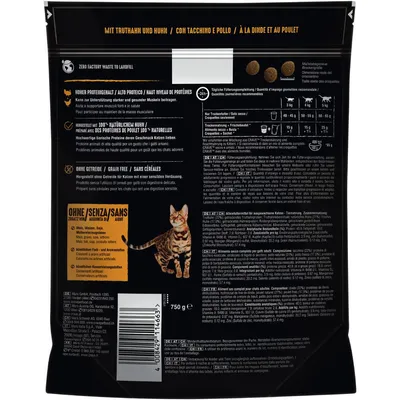 Ambalaj hrană uscată pentru pisici, 750 g, cu text vizibil: conținut ridicat de proteine, fără cereale, fabricat din 100 % carne naturală, tabel recomandare hrănire și ingrediente.