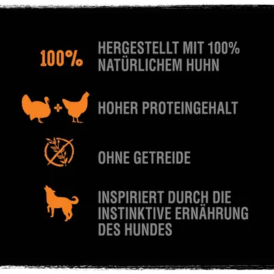 Besedilo v nemščini: Hergestellt mit 100% natürlichem Huhn, Hoher Proteingehalt, Ohne Getreide, Inspiriert durch die instinktive Ernährung des Hundes.