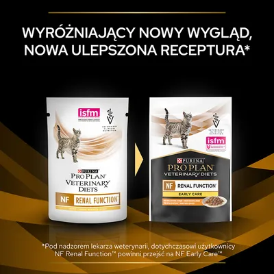 Porównanie opakowań karmy PURINA PRO PLAN VETERINARY DIETS NF Renal Function dla kotów: stara i nowa wersja, napis 'Wyróżniający nowy wygląd, nowa ulepszona receptura'.
