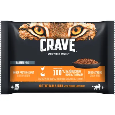Crave Pastete mit Truthahn und Huhn, hoher Proteingehalt, hergestellt mit 100% natürlichem Huhn & Truthahn, ohne Getreide. Packung enthält 4 x 85g, geeignet für Katzen ab 1 Jahr.