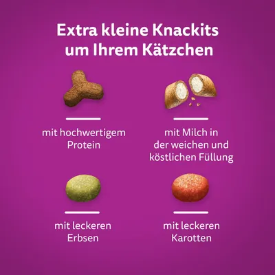 Экстра маленькие Knackits для котят: с высококачественным белком, с молоком в мягкой начинке, с горохом, с морковью.