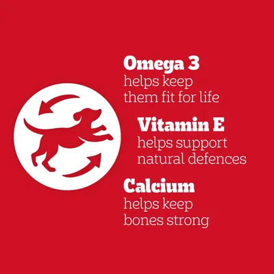 Omega 3 helps keep them fit for life. Vitamin E helps support natural defences. Calcium helps keep bones strong.