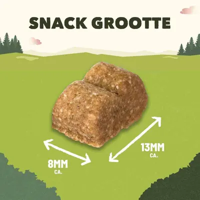 Snack grootte: brokje van ca. 8 mm x 13 mm zichtbaar, met tekst 'SNACK GROOTTE' erboven en pijlen die de afmetingen aangeven.