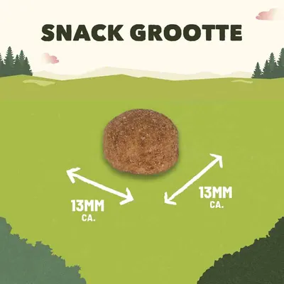 Afbeelding van een ronde snack met tekst: 'SNACK GROOTTE', diameter ca. 13 mm x 13 mm aangegeven met pijlen.