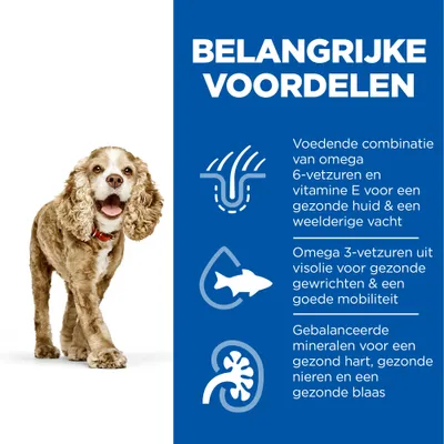 BELANGRIJKE VOORDELEN: omega 6-vetzuren en vitamine E voor huid en vacht, omega 3-vetzuren uit visolie voor gewrichten en mobiliteit, gebalanceerde mineralen voor hart, nieren en blaas.