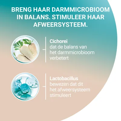 Breng haar darmmicrobioom in balans. Stimuleer haar afweersysteem. Cichorei verbetert de balans van het darmmicrobioom. Lactobacillus stimuleert het afweersysteem.