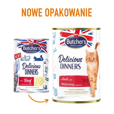Duas latas de Butcher's Delicious Dinners com carne de vaca em gelatina para gatos. Texto visível: 'with Beef in jelly', 'NEW!', 'Grain Free Recipe', 'Taurine'. Texto em polaco: 'Nowe opakowanie'.