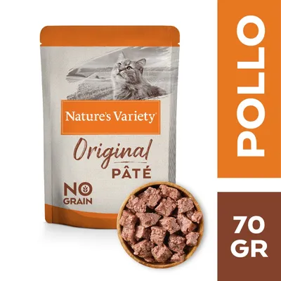 Sobre de Nature's Variety Original Paté NO GRAIN para gatos, sabor pollo, 70 gr. Imagen del producto y trozos de paté en un cuenco.