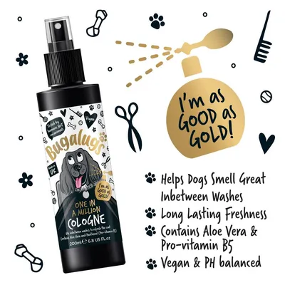 Bugalugs One in a Million Cologne, 200ml. Helps dogs smell great between washes, long lasting freshness, contains aloe vera and pro-vitamin B5, vegan and pH balanced.