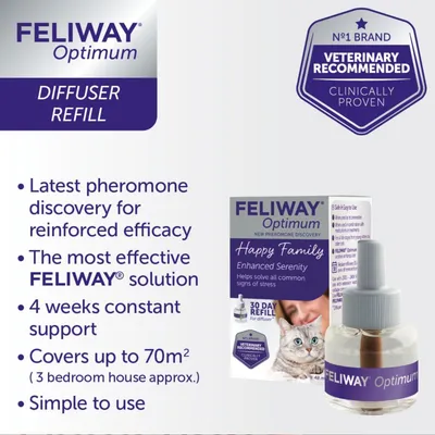 Feliway Optimum diffuser refill. Latest pheromone discovery, most effective solution, 4 weeks support, covers up to 70m², simple to use. Veterinary recommended and clinically proven.