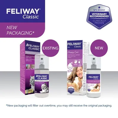 Comparison of Feliway Classic spray existing and new packaging, showing both product boxes and bottles. Badge states 'Veterinary recommended, clinically proven'.