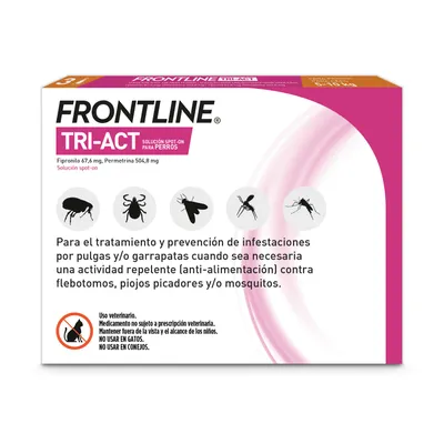 Frontline Tri-Act solución spot-on para perros. Para tratar y prevenir parásitos como pulgas, garrapatas, mosquitos. No apto para gatos o conejos. Solo uso veterinario.
