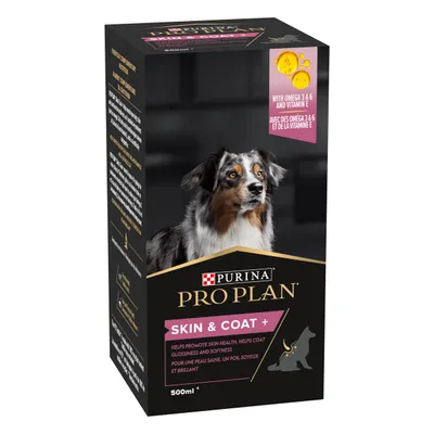 Purina Pro Plan Skin & Coat+ 500ml box, shows dog image, text: 'With Omega 3 & 6 and Vitamin E', 'Helps promote skin health, helps coat glossiness and softness'.