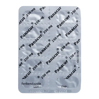 Blisterverpakking Panacur 250 mg tabletten, werkzame stof fenbendazole, met ruimte voor LOT- en EXP-datum.