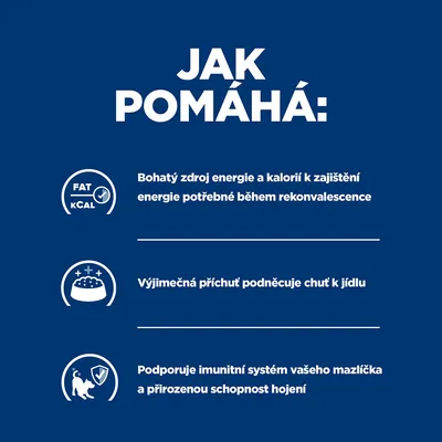 Jak pomáhá: Bohatý zdroj energie a kalorií, výjimečná příchuť podněcuje chuť k jídlu, podporuje imunitní systém a schopnost hojení. Text v češtině.