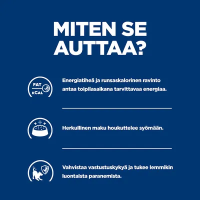 MITEN SE AUTTAA? Energiatiheä ja runsaskalorinen ravinto antaa toipilasaikana tarvittavaa energiaa. Herkullinen maku houkuttelee syömään. Vahvistaa vastustuskykyä ja tukee lemmikin luontaista paranemista.