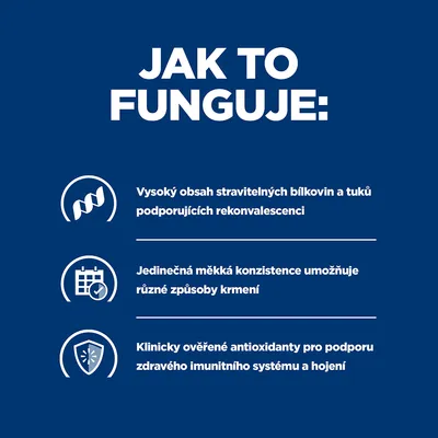 Jak to funguje: Vysoký obsah stravitelných bílkovin a tuků, jedinečná měkká konzistence, klinicky ověřené antioxidanty pro imunitní systém a hojení.