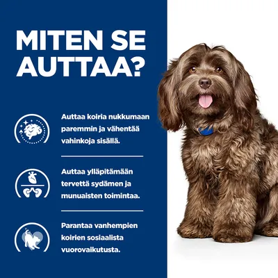 Teksti: MITEN SE AUTTAA? Auttaa koiria nukkumaan paremmin ja vähentää vahinkoja sisällä. Auttaa ylläpitämään tervettä sydämen ja munuaisten toimintaa. Parantaa vanhempien koirien sosiaalista vuorovaikutusta.