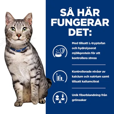 Så här fungerar det: Med tillsatt L-tryptofan och hydrolyserat mjölkprotein för att kontrollera stress. Kontrollerade nivåer av kalcium och natrium samt tillsatt kaliumcitrat. Unik fiberblandning från grönsaker.