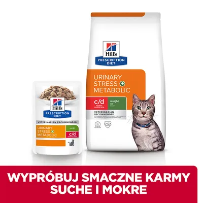 Hill's Prescription Diet Urinary Stress + Metabolic c/d karma dla kotów, opakowania suchej i mokrej karmy z widocznym kotem. Napis: Wypróbuj smaczne karmy suche i mokre.