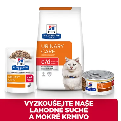 Hill's Prescription Diet Urinary Care c/d multicare stress pro kočky, balení suchého a mokrého krmiva. Text: VYZKOUŠEJTE NAŠE LAHODNÉ SUCHÉ A MOKRÉ KRMIVO.