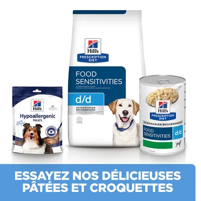 Hill's Prescription Diet Food Sensitivities d/d croquettes, pâtée et friandises Hypoallergenic Treats pour chien. Texte : Essayez nos délicieuses pâtées et croquettes.