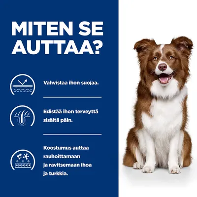 MITEN SE AUTTAA? Vahvistaa ihon suojaa. Edistää ihon terveyttä sisältä päin. Koostumus auttaa rauhoittamaan ja ravitsemaan ihoa ja turkkia.