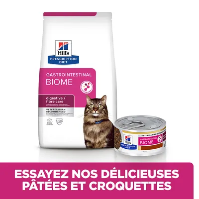 Hill's Prescription Diet Gastrointestinal Biome pour chat, croquettes et pâtée visibles. Texte : Essayez nos délicieuses pâtées et croquettes.