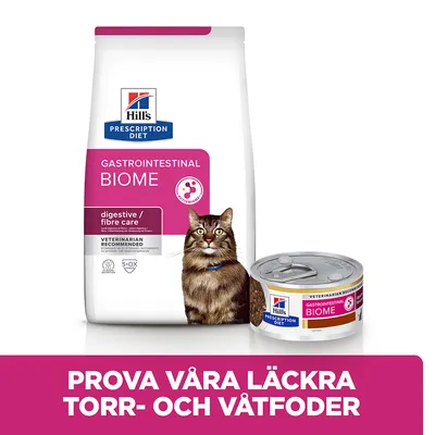 Hill's Prescription Diet Gastrointestinal Biome torrfoderpåse och våtfoderburk för katt. Text: Prova våra läckra torr- och våtfoder.