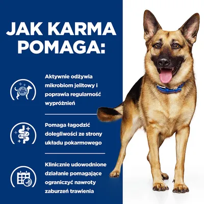 Jak karma pomaga: aktywnie odżywia mikrobiom jelitowy, poprawia regularność wypróżnień, łagodzi dolegliwości układu pokarmowego, klinicznie udowodnione ograniczenie nawrotów zaburzeń trawienia.