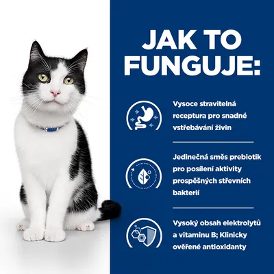 Jak to funguje: Vysoce stravitelná receptura, jedinečná směs prebiotik, vysoký obsah elektrolytů a vitaminu B, klinicky ověřené antioxidanty. Text v češtině.