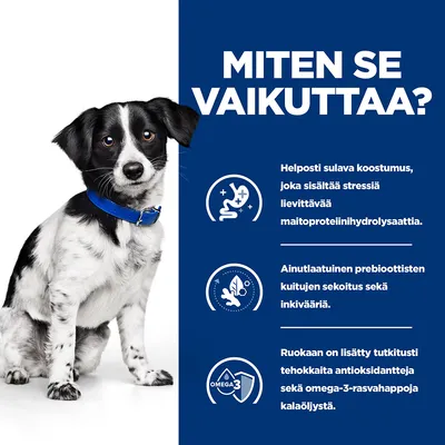 Teksti: MITEN SE VAIKUTTAA? Helposti sulava koostumus, maitoproteiinihydrolysaatti, prebioottiset kuidut ja inkivääri, antioksidantit ja omega-3-rasvahapot kalaöljystä.