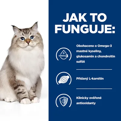 Jak to funguje: Obohaceno o Omega-3 mastné kyseliny, glukosamin a chondroitin sulfát, přidaný L-karnitin, klinicky ověřené antioxidanty. Obrázek kočky vlevo.