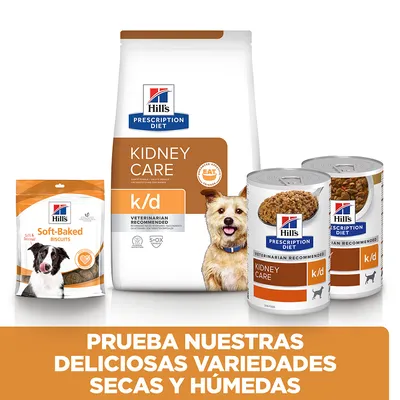 Variedades de comida para perros Hill's Prescription Diet Kidney Care k/d: pienso seco, latas húmedas y galletas Soft-Baked Biscuits. Texto: Prueba nuestras deliciosas variedades secas y húmedas.