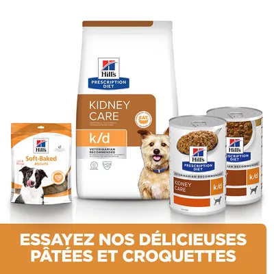 Gamme Hill's Prescription Diet Kidney Care k/d : croquettes, pâtées en boîtes et biscuits Soft-Baked. Texte visible : Essayez nos délicieuses pâtées et croquettes.