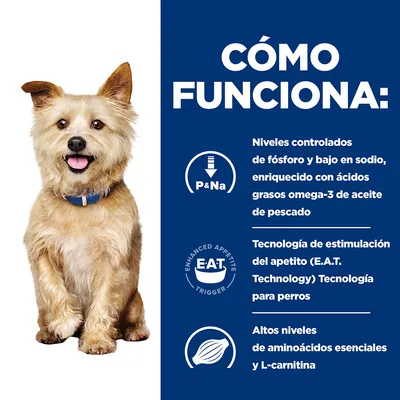 Cómo funciona: niveles controlados de fósforo y bajo en sodio, omega-3 de aceite de pescado, tecnología E.A.T. para perros, altos niveles de aminoácidos esenciales y L-carnitina.
