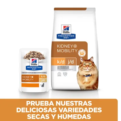 Hill's Prescription Diet Kidney+Mobility k/d j/d para gatos, comida seca y húmeda. Texto: Prueba nuestras deliciosas variedades secas y húmedas.