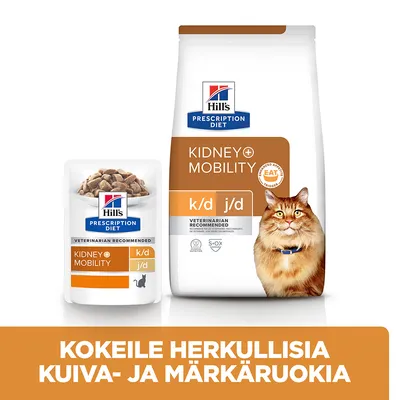 Hill's Prescription Diet Kidney+Mobility k/d j/d kissanruoka, kuiva- ja märkäruokapakkaus, oranssi teksti: KOKEILE HERKULLISIA KUIVA- JA MÄRKÄRUOKIA