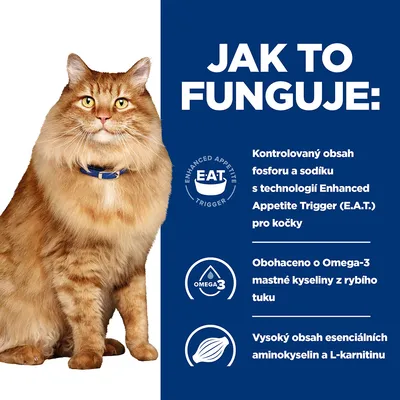 Text v češtine: Jak to funguje, kontrolovaný obsah fosforu a sodíku s technológiou Enhanced Appetite Trigger (E.A.T.) pre mačky, obohatené o Omega-3 z rybieho tuku, vysoký obsah aminokyselín a L-karnitínu.