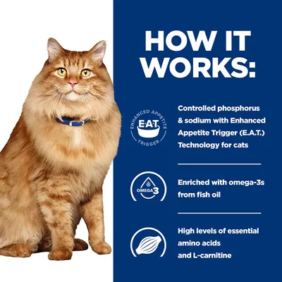 HOW IT WORKS: Controlled phosphorus & sodium with Enhanced Appetite Trigger (E.A.T.) Technology for cats. Enriched with omega-3s from fish oil. High levels of essential amino acids and L-carnitine.