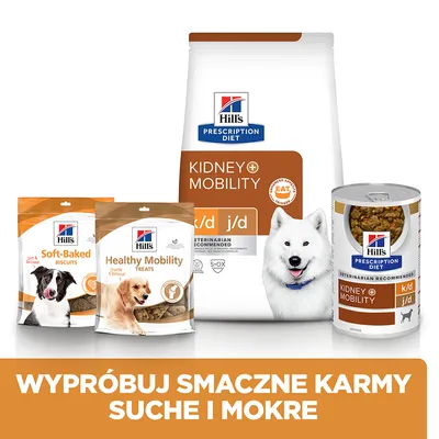 Hill's Prescription Diet Kidney + Mobility k/d j/d dla psów: opakowania karmy suchej, mokrej i przysmaków. Napis: Wypróbuj smaczne karmy suche i mokre.