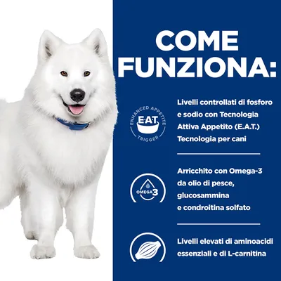 COME FUNZIONA: Livelli controllati di fosforo e sodio con Tecnologia Attiva Appetito (E.A.T.) per cani. Arricchito con Omega-3 da olio di pesce, glucosammina, condroitina solfato, L-carnitina.