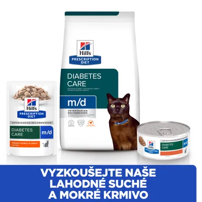 Hill's Prescription Diet Diabetes Care m/d pro kočky, balení kapsičky, granule a konzerva. Text: VYZKOUŠEJTE NAŠE LAHODNÉ SUCHÉ A MOKRÉ KRMIVO.