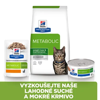 Hill's Prescription Diet Metabolic pro kočky, suché a mokré krmivo. Text: VYZKOUŠEJTE NAŠE LAHODNÉ SUCHÉ A MOKRÉ KRMIVO.