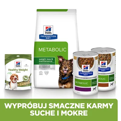 Hill's Prescription Diet Metabolic: opakowanie suchej karmy, dwa puszki mokrej karmy, przysmak Healthy Weight Treats. Napis: Wypróbuj smaczne karmy suche i mokre.