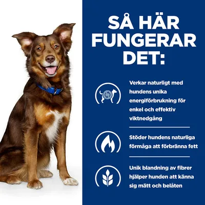 Så här fungerar det: Verkar naturligt med hundens unika energiförbrukning för enkel och effektiv viktnedgång. Stöder hundens naturliga förmåga att förbränna fett. Unik blandning av fibrer hjälper hunden att känna sig mätt och belåten.