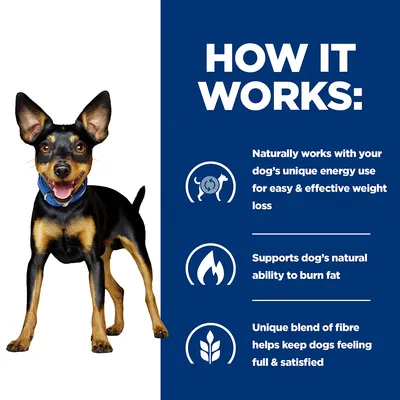 How it works: naturally works with your dog's unique energy use for weight loss, supports dog's ability to burn fat, unique blend of fibre helps keep dogs feeling full and satisfied.